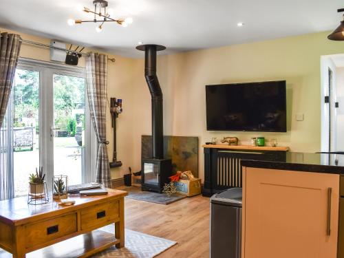 ein Wohnzimmer mit Kamin und Fernseher in der Unterkunft The Retreat in Saint Leonards