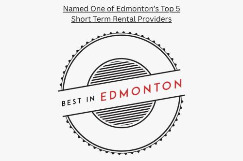 Et logo, certifikat, skilt eller en pris der bliver vist frem på Dual-Suite Getaway - Sleeps 12 - Whyte Ave - NFLX