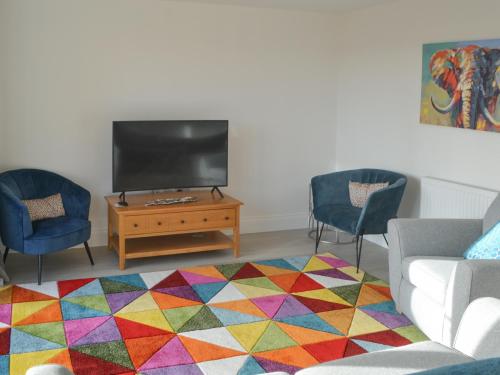 a living room with a tv and a colorful rug at Ad Gefrin in Acklington