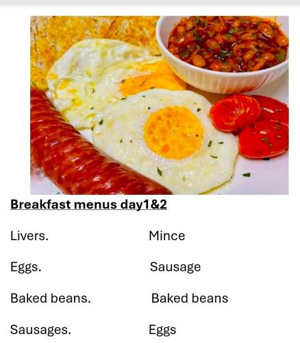 een bord met eten, eieren, worst en bonen bij Shado's residence self catering cotages in Serowe