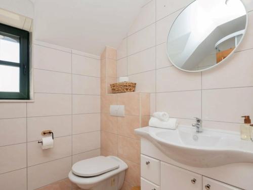 a bathroom with a sink and a toilet and a mirror at Green Paradise with pool in Dropuljići