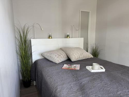 a bedroom with a bed with a book and a mirror at Briesenick-Radde in Tossenserdeich