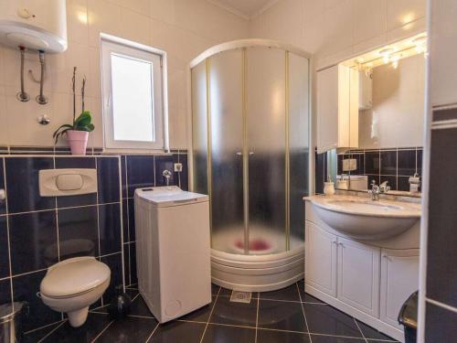 a bathroom with a shower and a toilet and a sink at Cecilia with pool in Nenadići