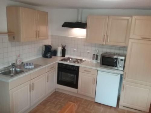 菲施巴豪Holiday apartment with 2 bedrooms的厨房配有白色橱柜、水槽和微波炉