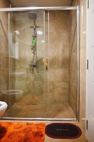 a shower with a glass door in a bathroom at Sweet Dreams Apartment in Prishtinë