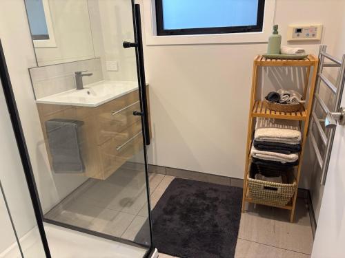 a bathroom with a sink and a glass shower door at Raynbird Cottage in Dunedin