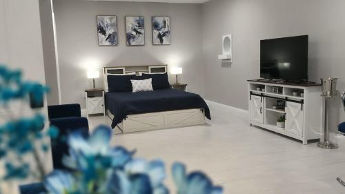 a bedroom with a bed and a flat screen tv at Blue Dream Sunrise - Your journey, our passion in Lakeland