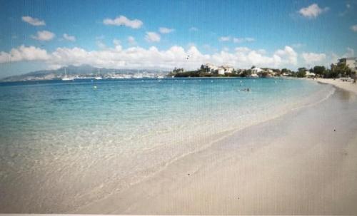 レ・トロワ・イレにあるGrand F2 luxe 3 mn plage avec jardin pointe du boutの水泳する人々のいる海岸