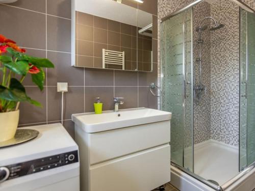 a bathroom with a sink and a shower at Villa Mia with pool in Aračići
