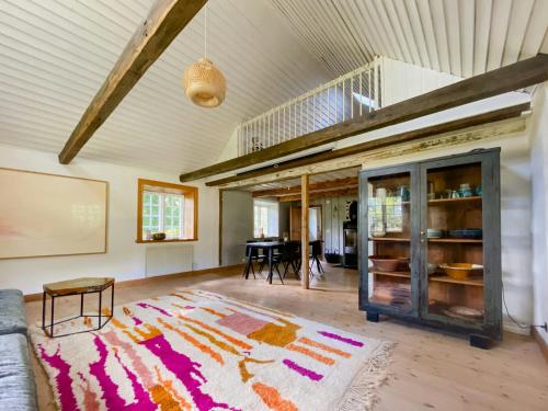 una sala de estar con un sofá y una alfombra en Framed Structure With Annexes In Österlen, en Brösarp