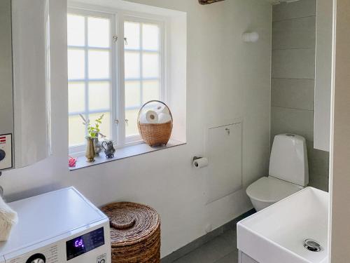 Un baño con lavabo, inodoro y ventana. en Framed Structure With Annexes In Österlen, en Brösarp