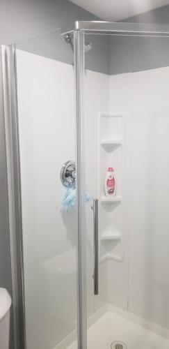a shower with a glass door in a bathroom at Room to stay in Lethbridge