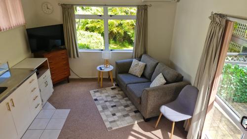 a living room with a couch and a tv at Private Self Contained Unit Dog Friendly in Claudelands