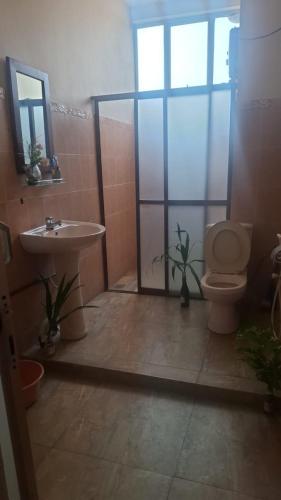 a bathroom with a shower with a toilet and a sink at St Michael View in Moratuwa