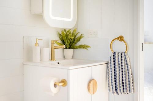 a bathroom with a sink and a plant on a counter at Tiny Home in the heart of Broadbeach-River Views! in Gold Coast