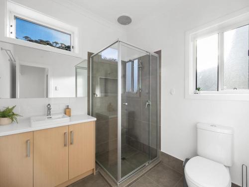 ein Badezimmer mit Dusche, Toilette und Waschbecken in der Unterkunft Lil Q River Retreat - Aruma River Resort in Walker Flat