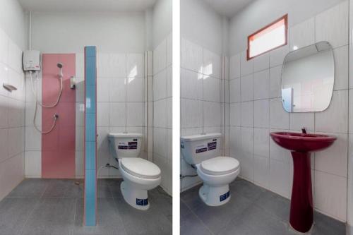 Duas fotografias de uma casa de banho com WC e lavatório. em OYO 1044 Vassana ResortÃ¢â‚¬â€¹ em Sattahip