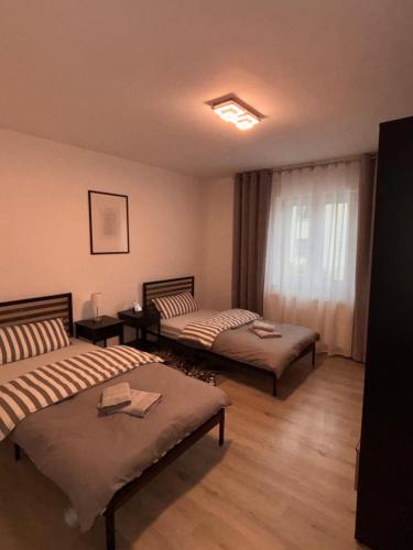 een woonkamer met 2 bedden en een raam bij Ferienwohnung Daviana in Beckingen