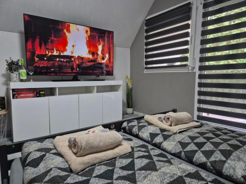 two beds in a room with a tv on the wall at Várhegy apartman in Neszmély