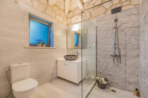 een badkamer met toilet en glazen douche bij Villa Ionio Elia by Villa Plus in Vasilikos