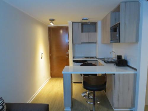 a kitchen with a counter and a bar with a stool at Santiago Bus Terminal in Santiago