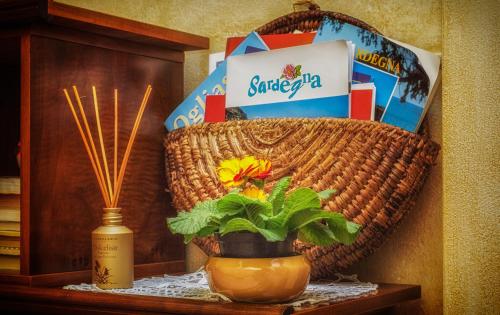 a plant in a pot on a shelf with a basket at Su Connotu in Sestu