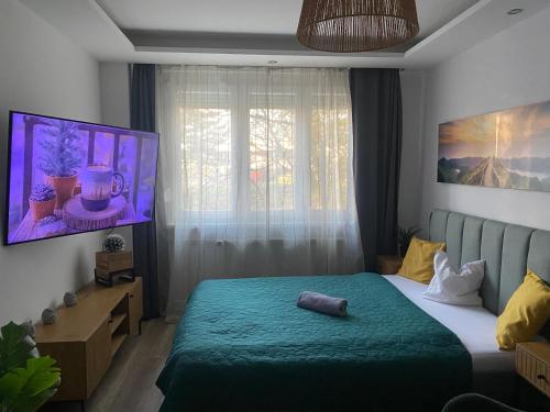 a bedroom with a bed with a green blanket and a window at Buda Side Comfort in Budapest