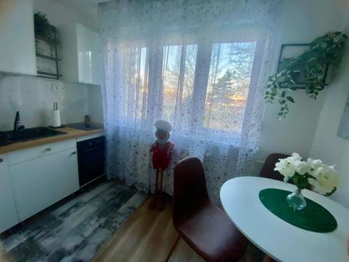 a kitchen with a table and chairs and a window at Buda Side Comfort in Budapest