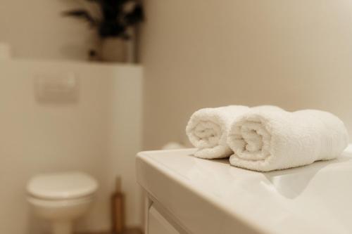a bathroom with two rolled towels on a sink at Studio&Stay Room in Ghent