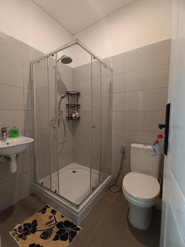 une salle de bains avec douche, toilettes et lavabo dans l'établissement Villa Vigga Sanur, à anur