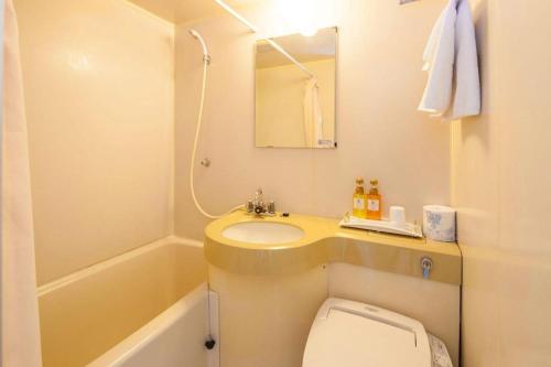 a bathroom with a sink and a toilet and a tub at Fukuyama Terminal Hotel in Fukuyama