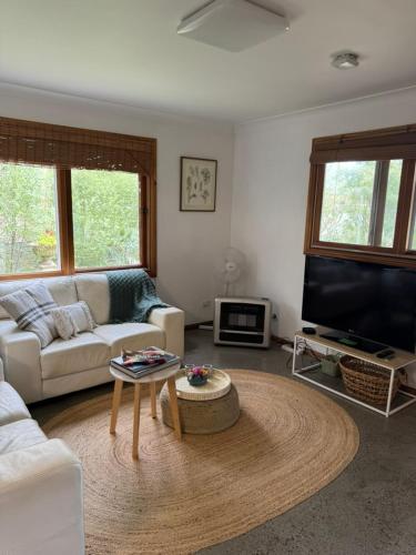 a living room with a white couch and a tv at Lower Mountains Retreat in Warrimoo