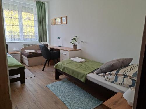 a bedroom with a bed and a desk in it at Centrum apartman in Szekszárd