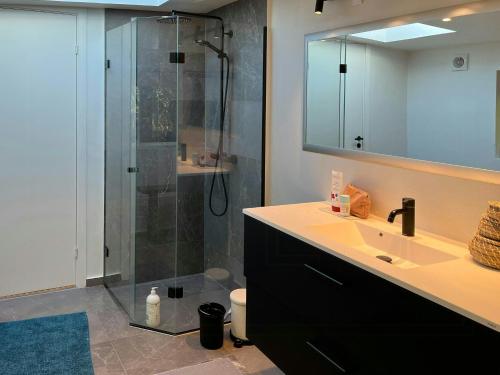 Un baño con ducha de cristal y lavabo. en Holiday Home With View Of Dalby Bay, en Mesinge