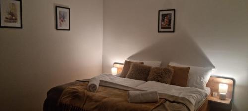 a bedroom with a large bed with two lamps at Penzion Branná in Branná