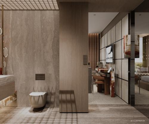 a bathroom with a toilet in the middle of a room at Voyage Kundu in Antalya