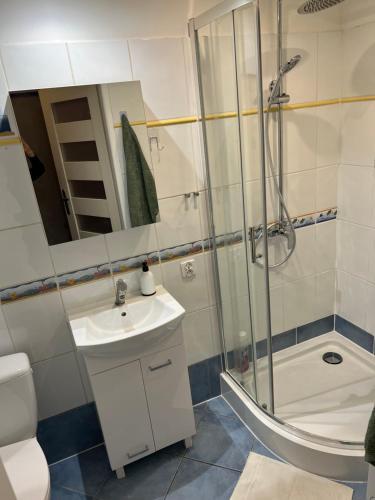 a bathroom with a sink and a shower at Apartament Przytulny przy plaży in Sopot