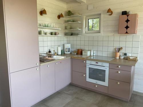 a kitchen with white cabinets and a sink at Skryta Chata Ojców in Smardzowice
