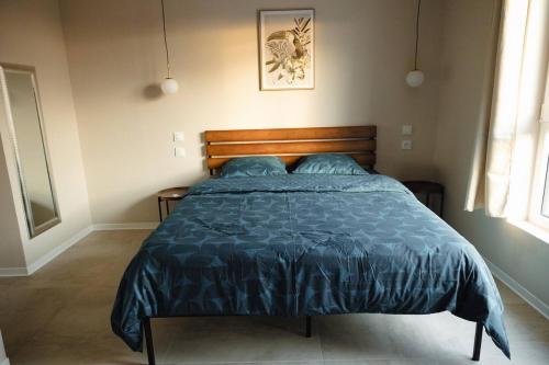 a bed with a blue comforter in a bedroom at Maison MUGUET 3 SPA-PARKING-COLMAR in Wickerschwihr