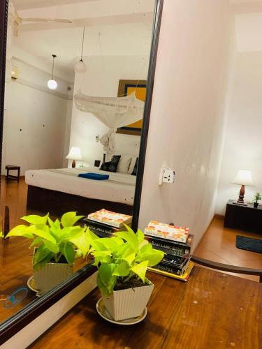 a mirror in a room with two potted plants at Westrom Villa Ocean Front in Bentota