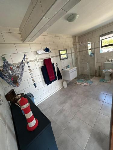 a large bathroom with a toilet and a sink at Seebossie in Struisbaai