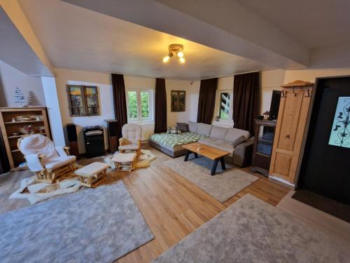 a living room with a couch and a table at Căsuța Alpină in Ranca