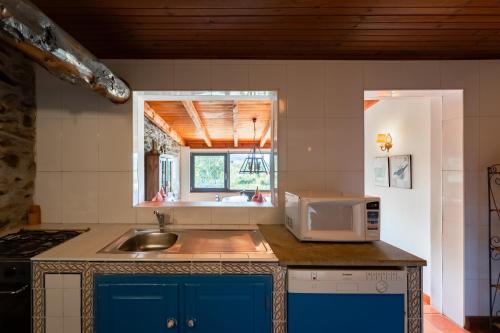 a kitchen with a sink and a microwave at Casa de Sao Miguel Douro in Armamar