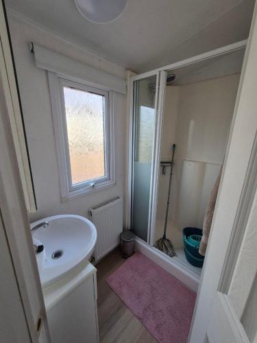 a white bathroom with a sink and a shower at Lodge Priscilla in Eext