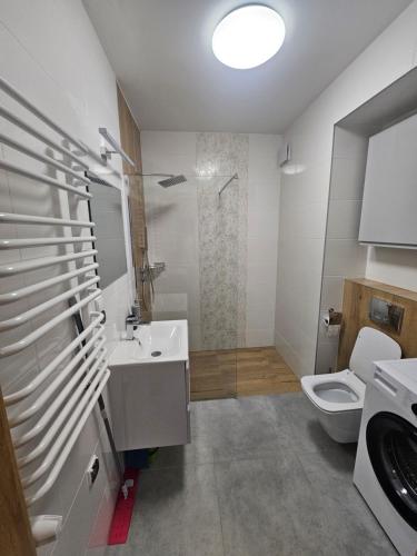 ein Badezimmer mit Waschbecken und Toilette in der Unterkunft Komfortowy, klimatyzowany apartament Góry Marzeń - Lesko in Lesko