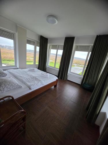 um quarto com janelas e uma cama com piso de madeira em Carpe Diem em Chistilov