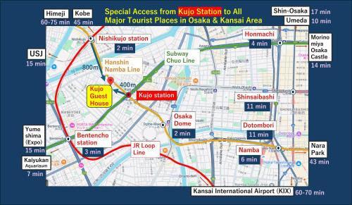 a map of a city with different colored roads at Family Home Osaka Kujo Guest House in Osaka