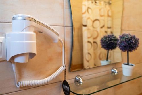 a bathroom sink with a hair dryer and a mirror at Pansion Milena i Mario in Međugorje