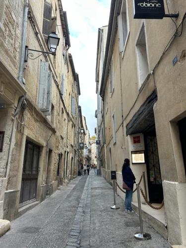 モンペリエにあるCharming cozy studioの2つの建物の間の路地に立っている人