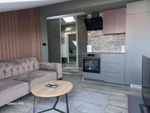 a living room with a couch and a table at New Grey in Novi Beograd